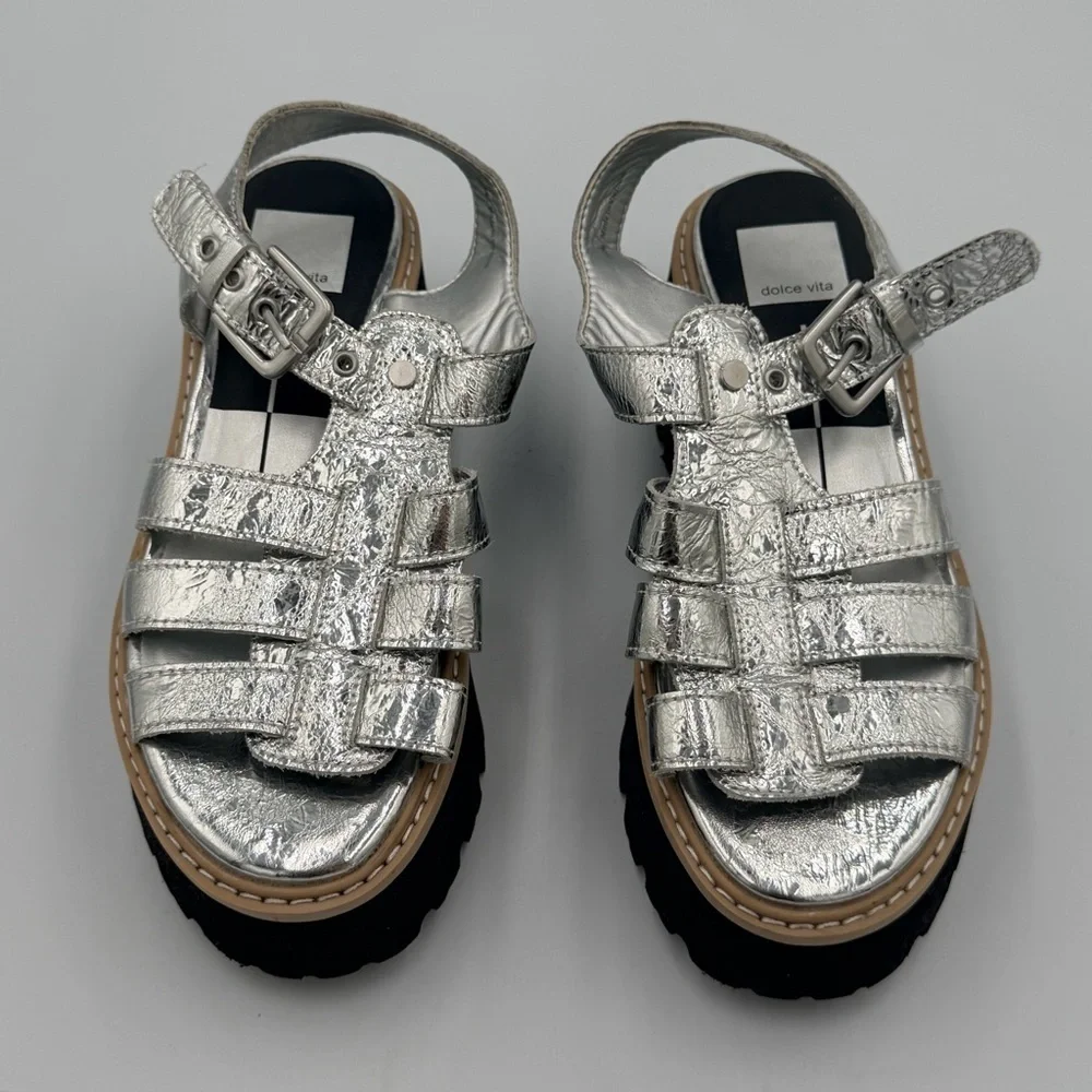 Dolce Vita Silver Metallic Fisherman Black Chunky Heel Platform Boho Sandal 7